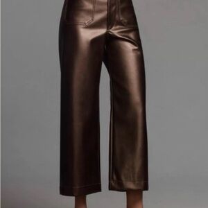 Maeve Cropped Faux Leather Wide-Leg Pants in Brown